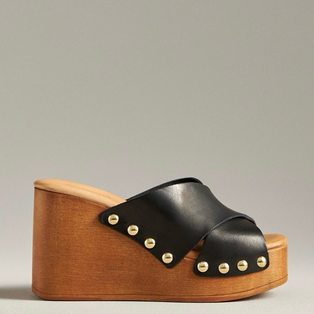 By Anthropologie Cross Strap Wedge Heels Leather